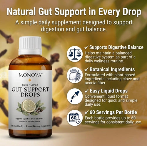 MoNova Clove & Lemon Gut Support Drops – Liquid Digestive Support Supplement – Sugar-Free Botanical Formula with Acacia Fiber – Supports Digestive Comfort & Gut Balance – 2 fl oz (60 Servings)